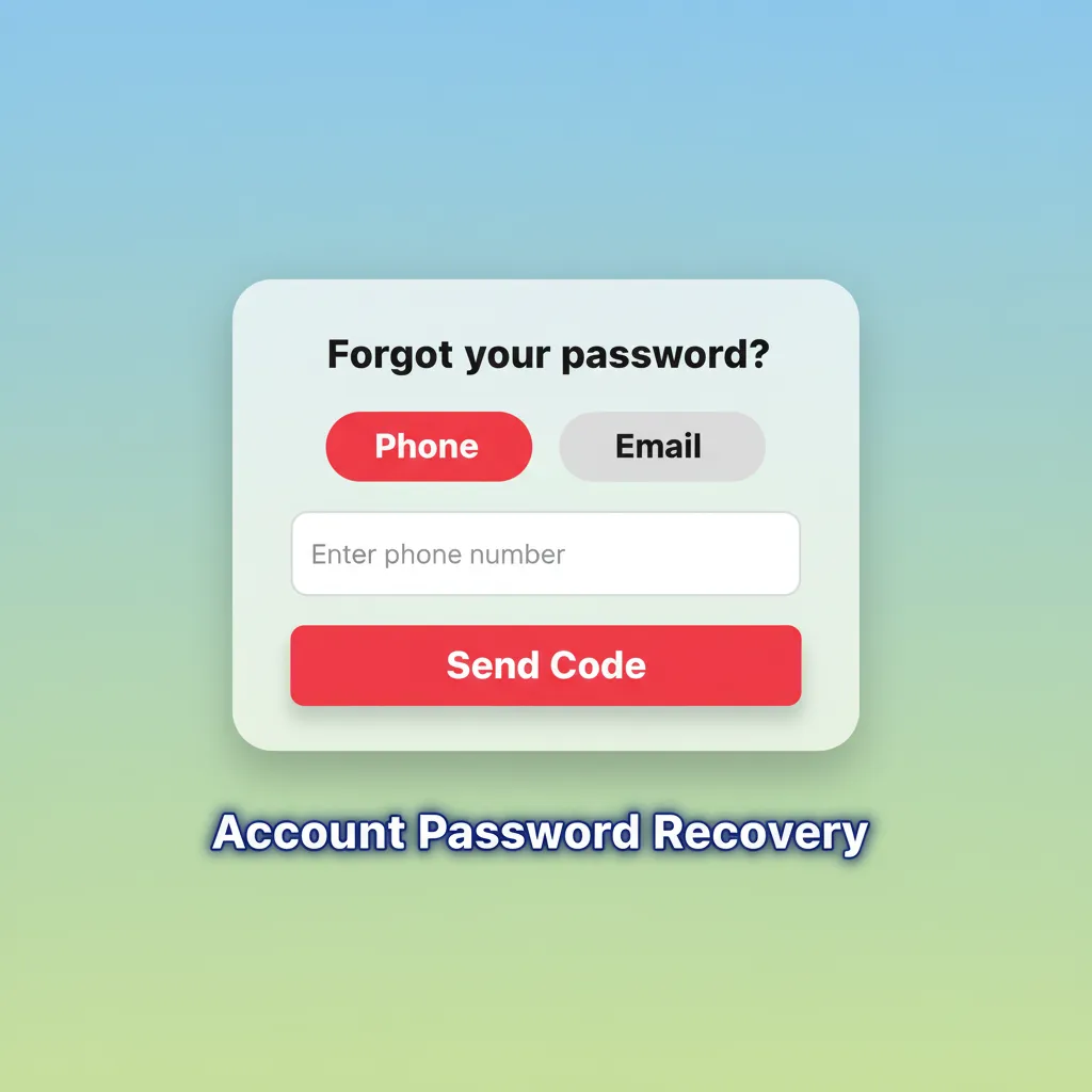 Account password recovery: tap Forgot Password, enter email/phone, get OTP by SMS or email, verify, set a new password.
