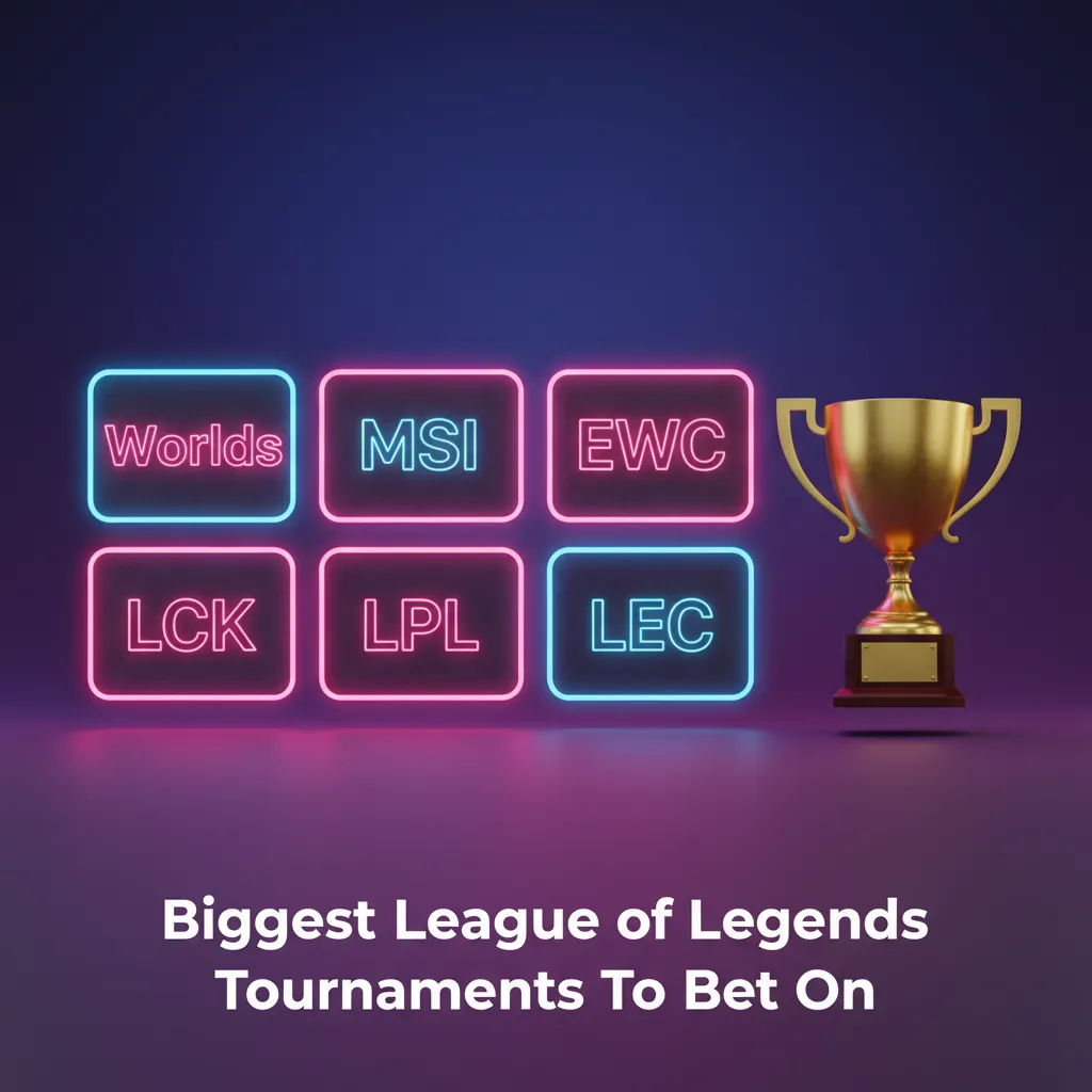 Collage of LoL tournament logos (Worlds, MSI, EWC, LCK, LPL, LEC) with betting markets and odds graphics.