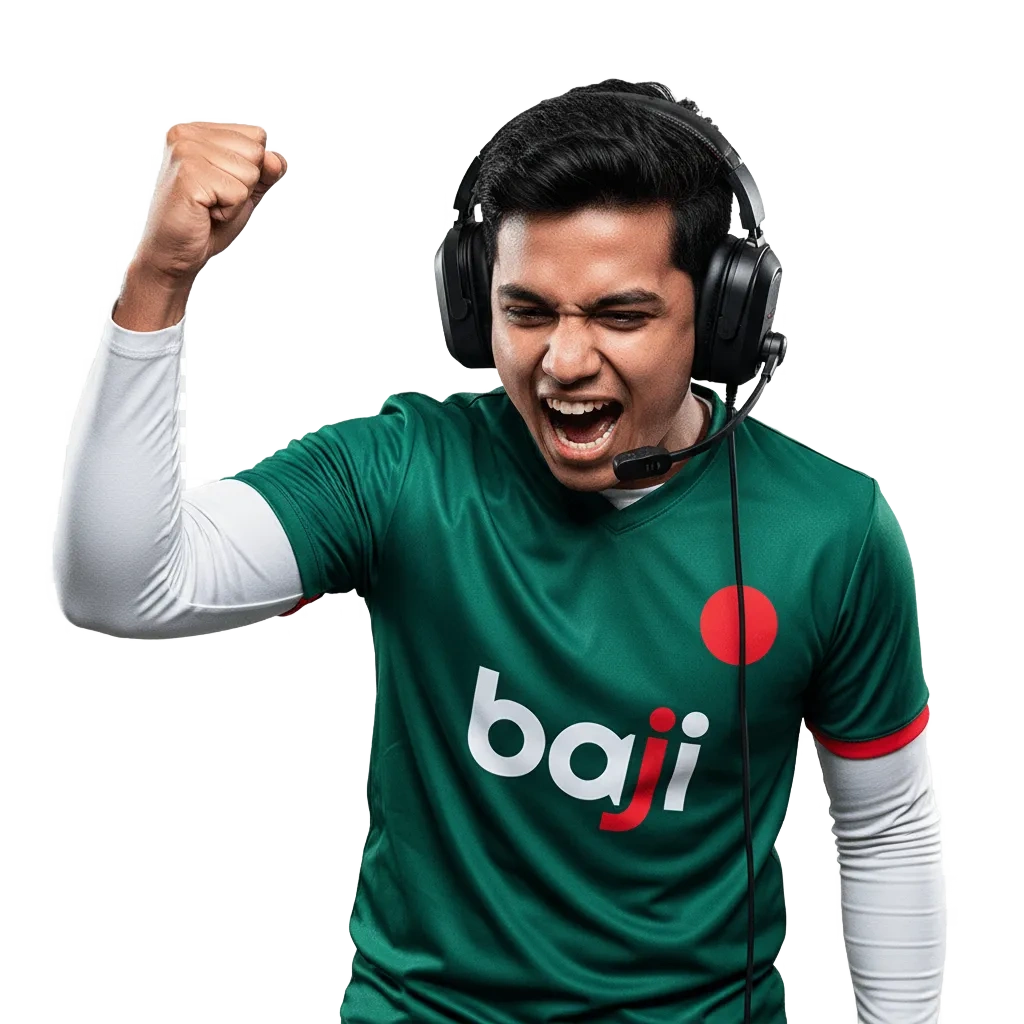 Baji Live esports betting promo in Bangladesh showing 77% first deposit bonus and mobile app with bKash, Nagad, Rocket, cards