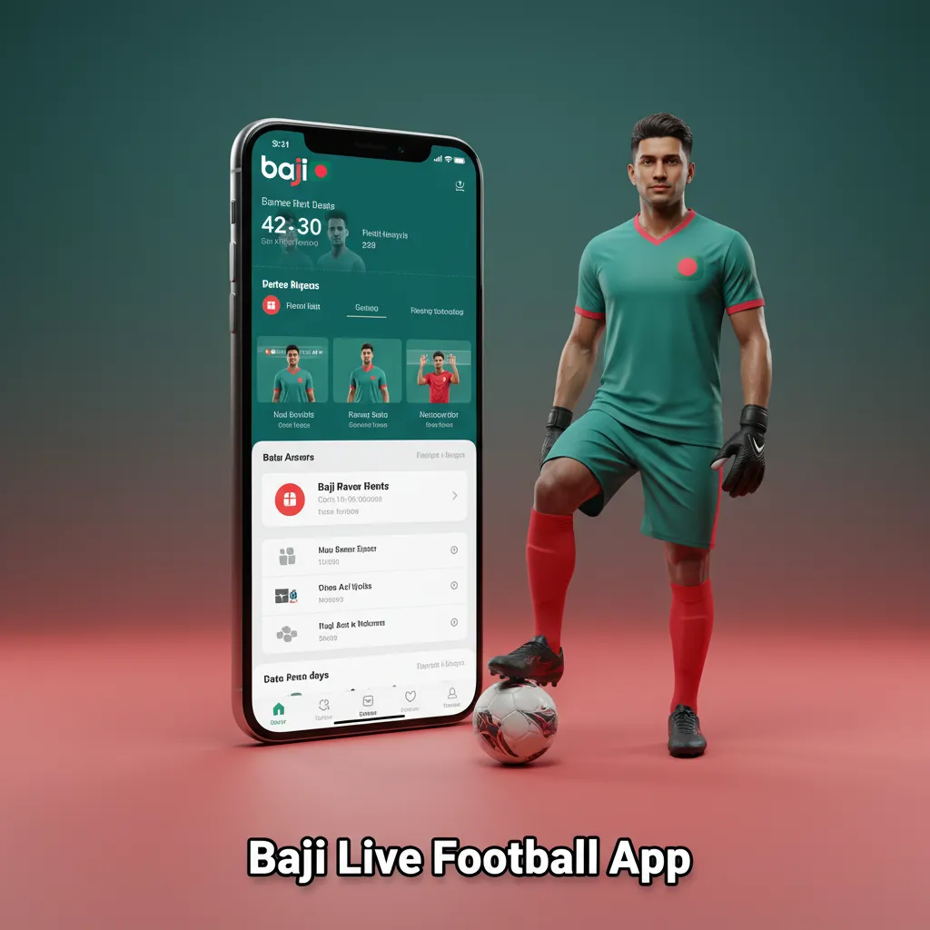 Baji Live Football app on phone with live odds, in‑play stats, quick stakes, cash‑out, and goal alerts.