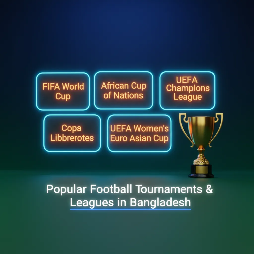 Graphic listing World Cup, UCL, UEL, Libertadores, Premier League, La Liga, Serie A, Bundesliga, BPL (football), ISL, SAFF.