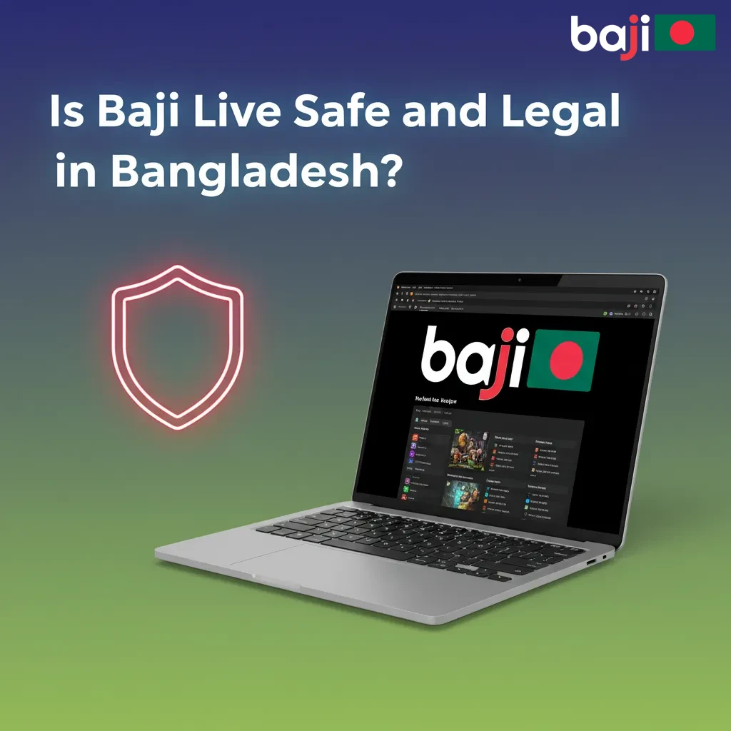 Bangladesh flag with license badge, lock for encryption, and KYC/AML checklist illustrating Baji Live safety and legality.
