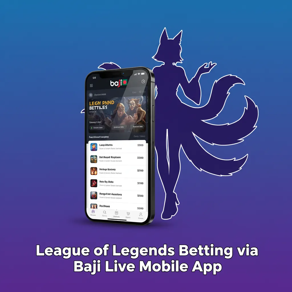 Smartphone showing Baji Live app with League of Legends live odds, cash-out, and BDT markets for Bangladesh bettors.