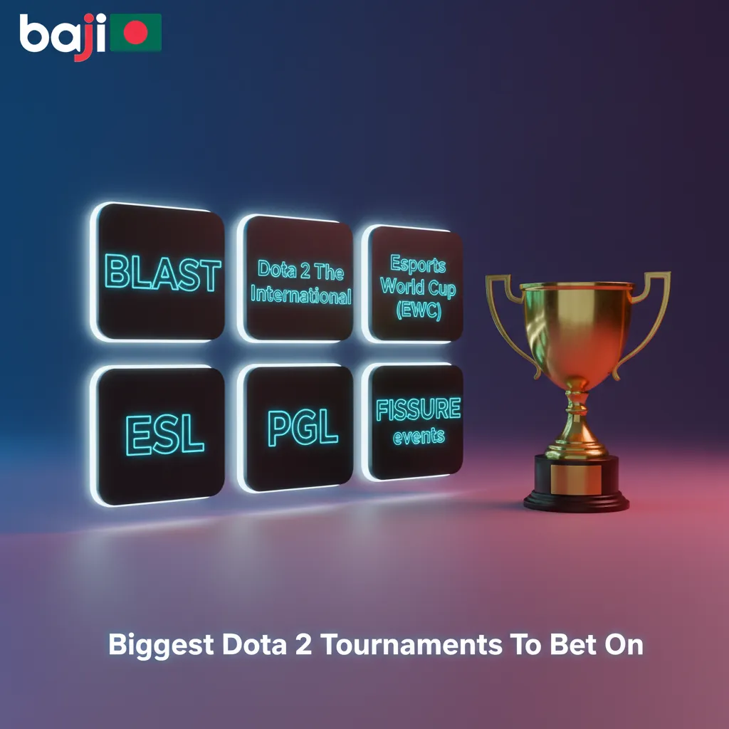 Graphic listing top Dota 2 tournaments to bet on: TI, BLAST, ESL, EWC, PGL, FISSURE, with odds and Bangladesh Standard Time.