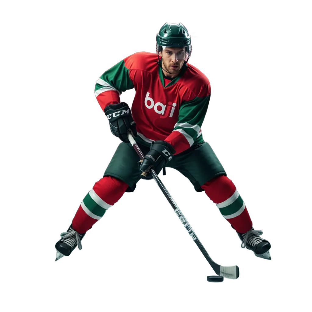 Baji Live ice hockey betting platform in Bangladesh showing live NHL/KHL odds, in-play markets, cash out, BDT welcome offer.