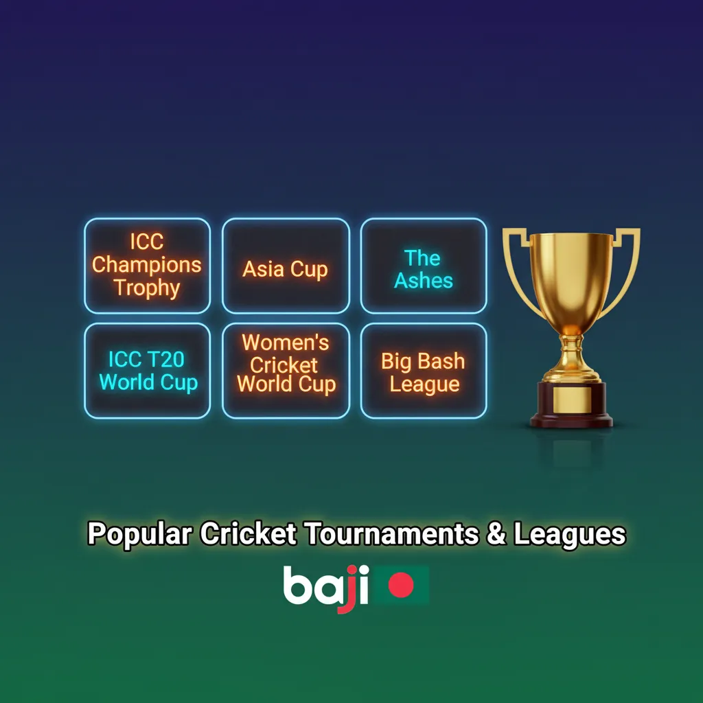 Bangladesh cricket tournaments graphic: World Cups (ODI, T20), BPL, Asia Cup, IPL, PSL, BBL, Ashes, T10.