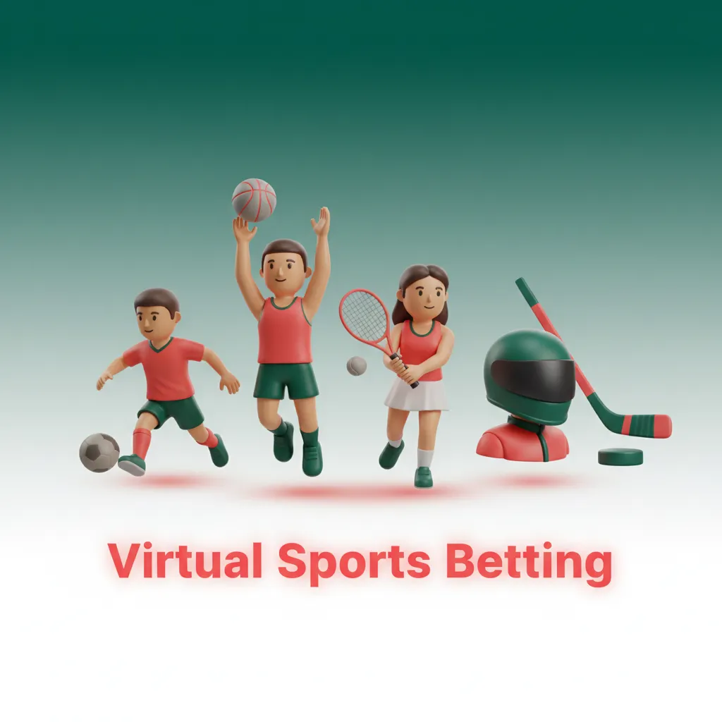 Virtual sports betting with icons of football, cricket, horse racing, and tennis; 24/7 fast simulations every few minutes.