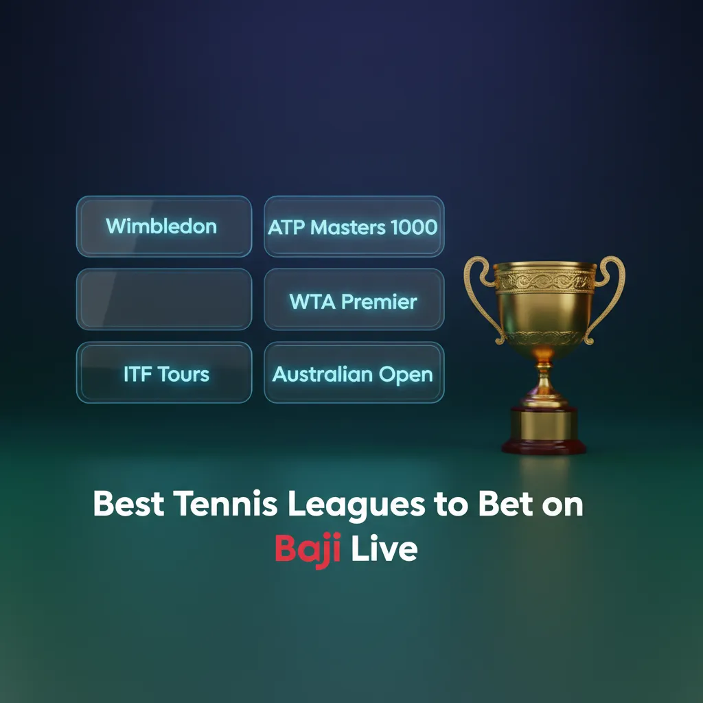 Baji Live tennis betting graphic listing Grand Slams, ATP/WTA tours, ITF, Challenger, Davis Cup, BJK Cup, United Cup.