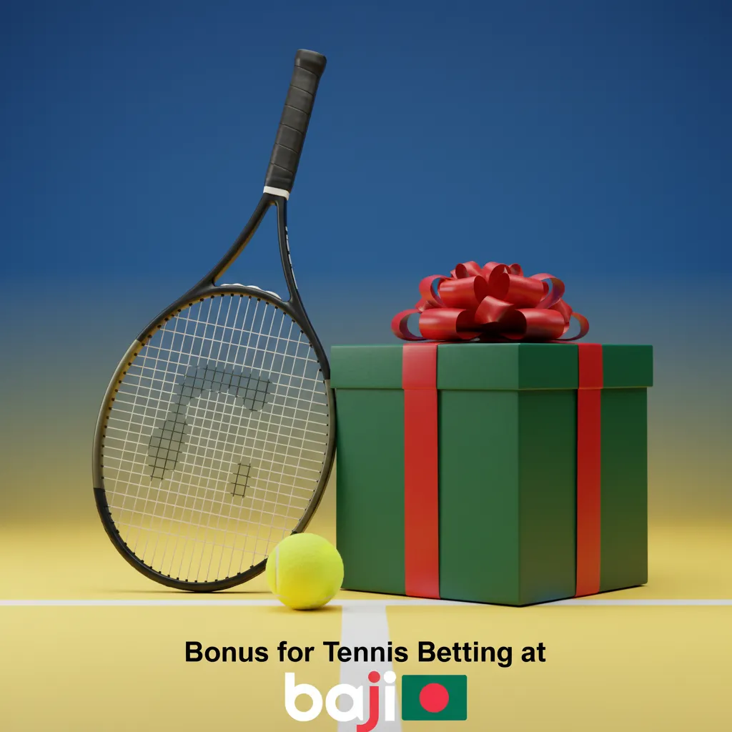 Baji Live tennis betting welcome bonus in BDT, promo card with match rate, max first deposit bonus, opt-in required